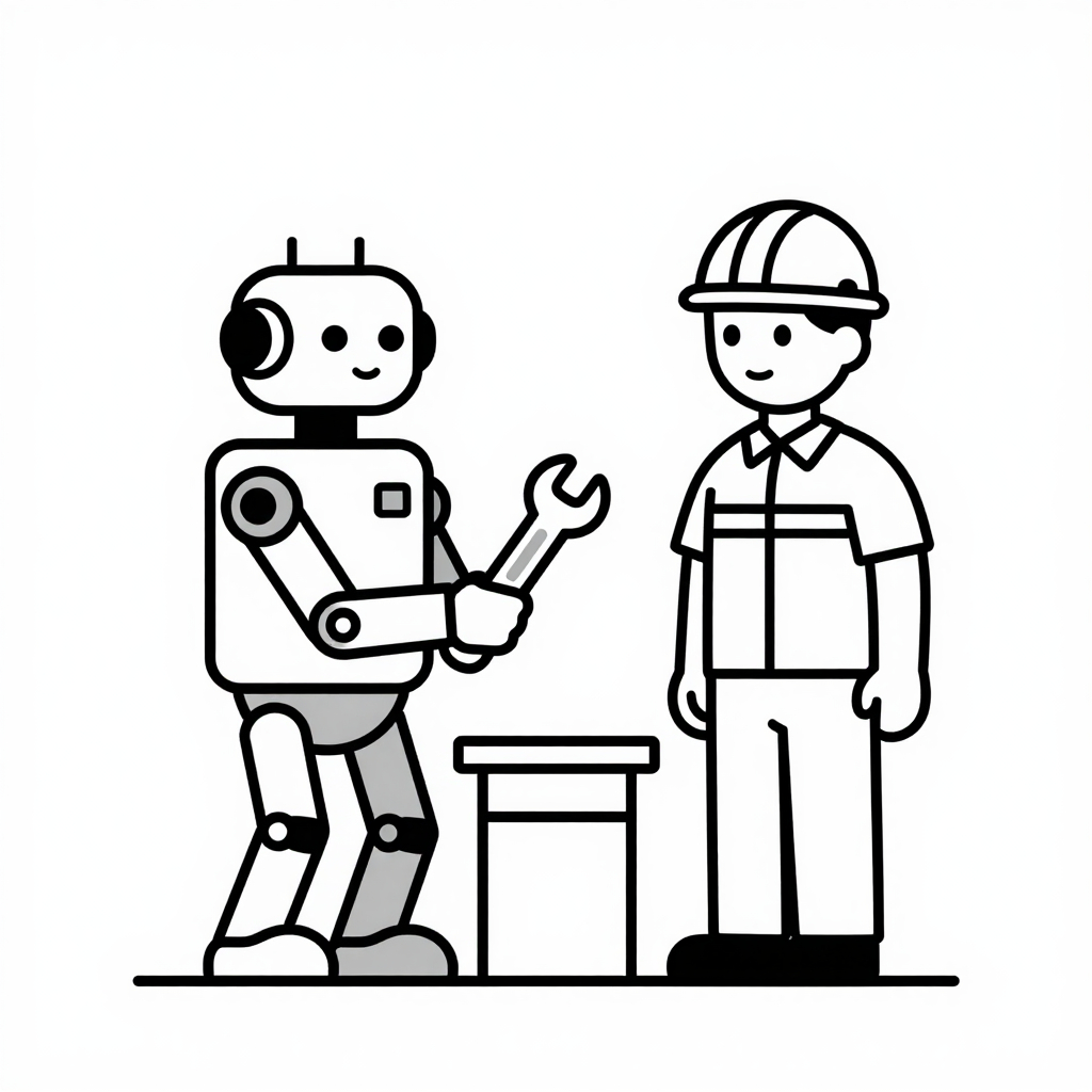 Human worker receiving a wrench from an AI-powered robot in a clean line-art illustration