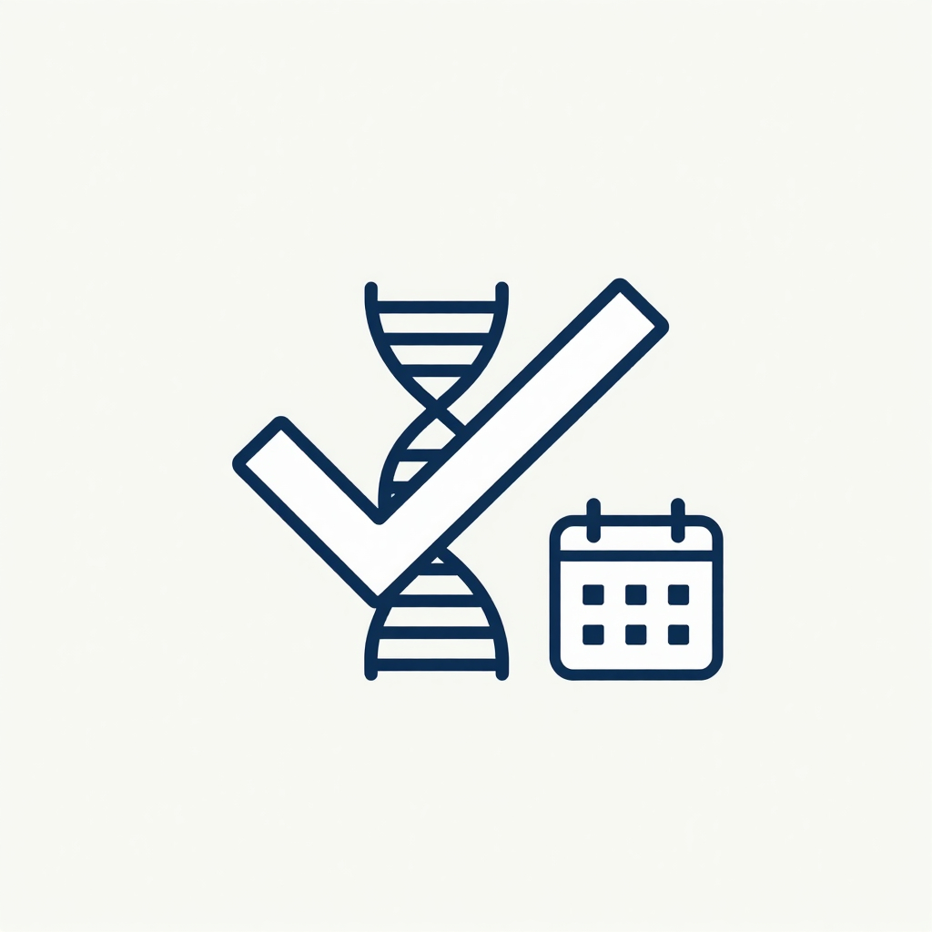 Stylized check‑mark with DNA helix and calendar icon