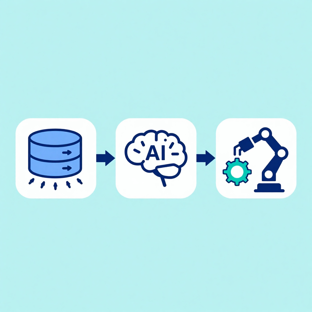 Diagram of a smart workflow pipeline with icons for data ingestion, AI processing, and output automation connected in a flow.