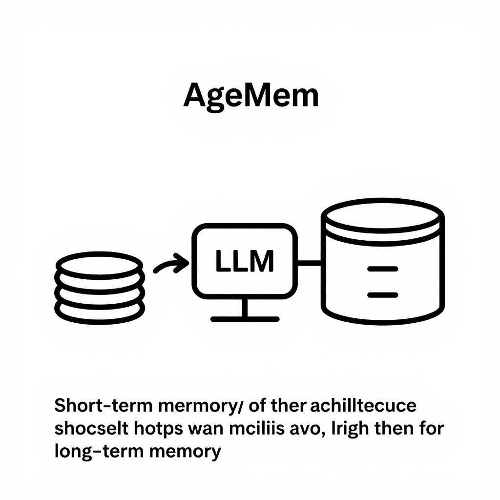 Line‑icon style diagram illustrating AgeMem architecture with short‑term memory feeding the LLM core, which accesses long‑term memory.