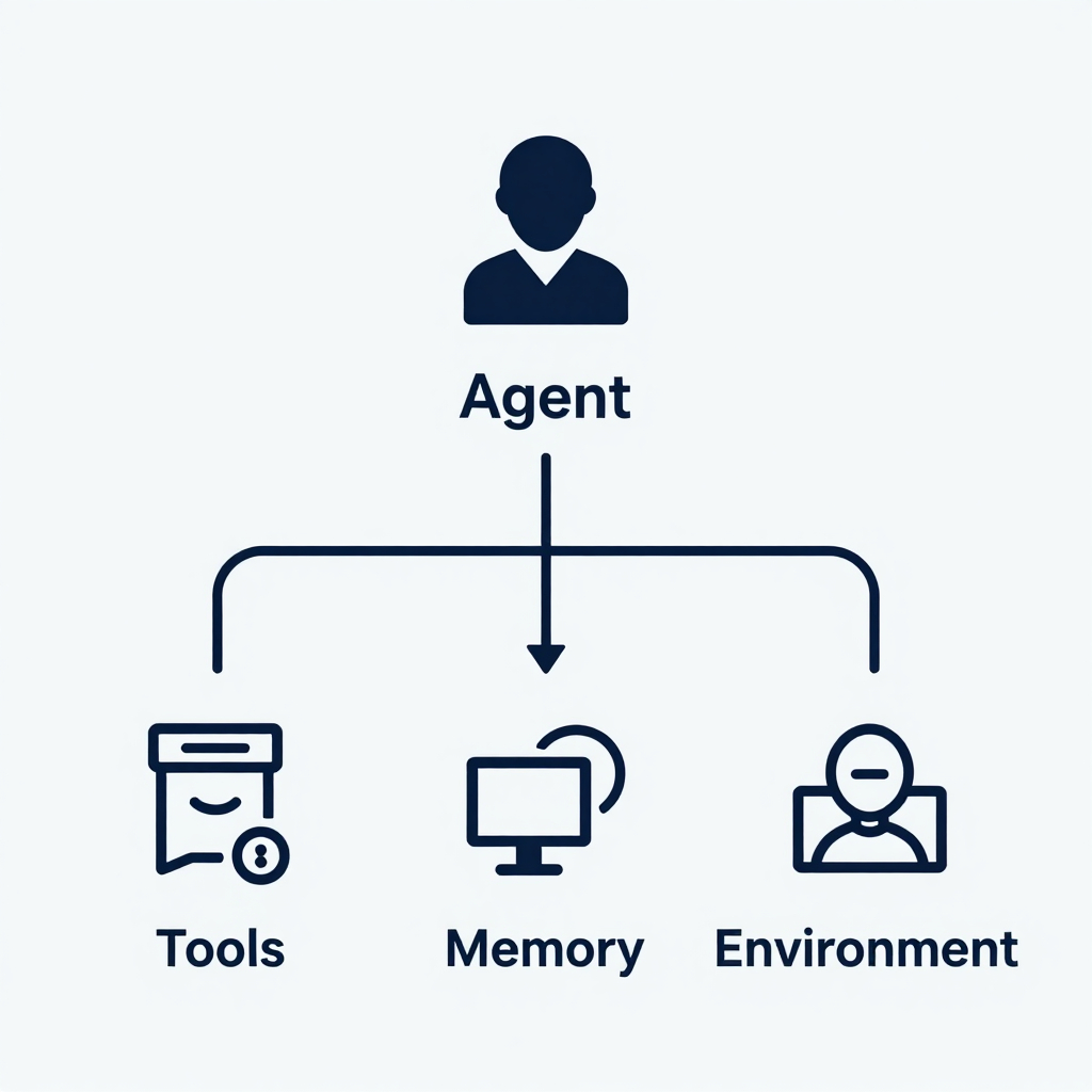 Diagram of an agent linked to tools, memory store, and external environment