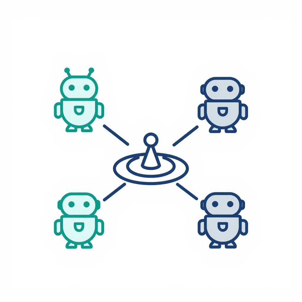 Simple illustration of multiple AI agent robots collaborating, connected to a central orchestrator hub, line‑icon style