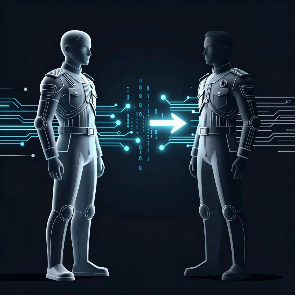 Illustration of two opposing AI model silhouettes with digital arrows indicating data flow, symbolizing an AI arms race.