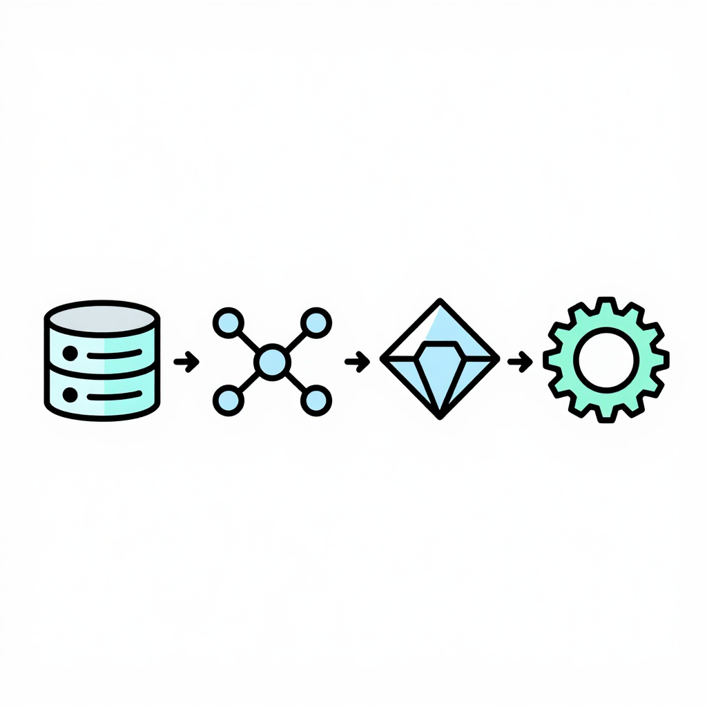 Minimalistic AI workflow diagram showing input data, AI model processing, decision logic, and automated action connected by arrows