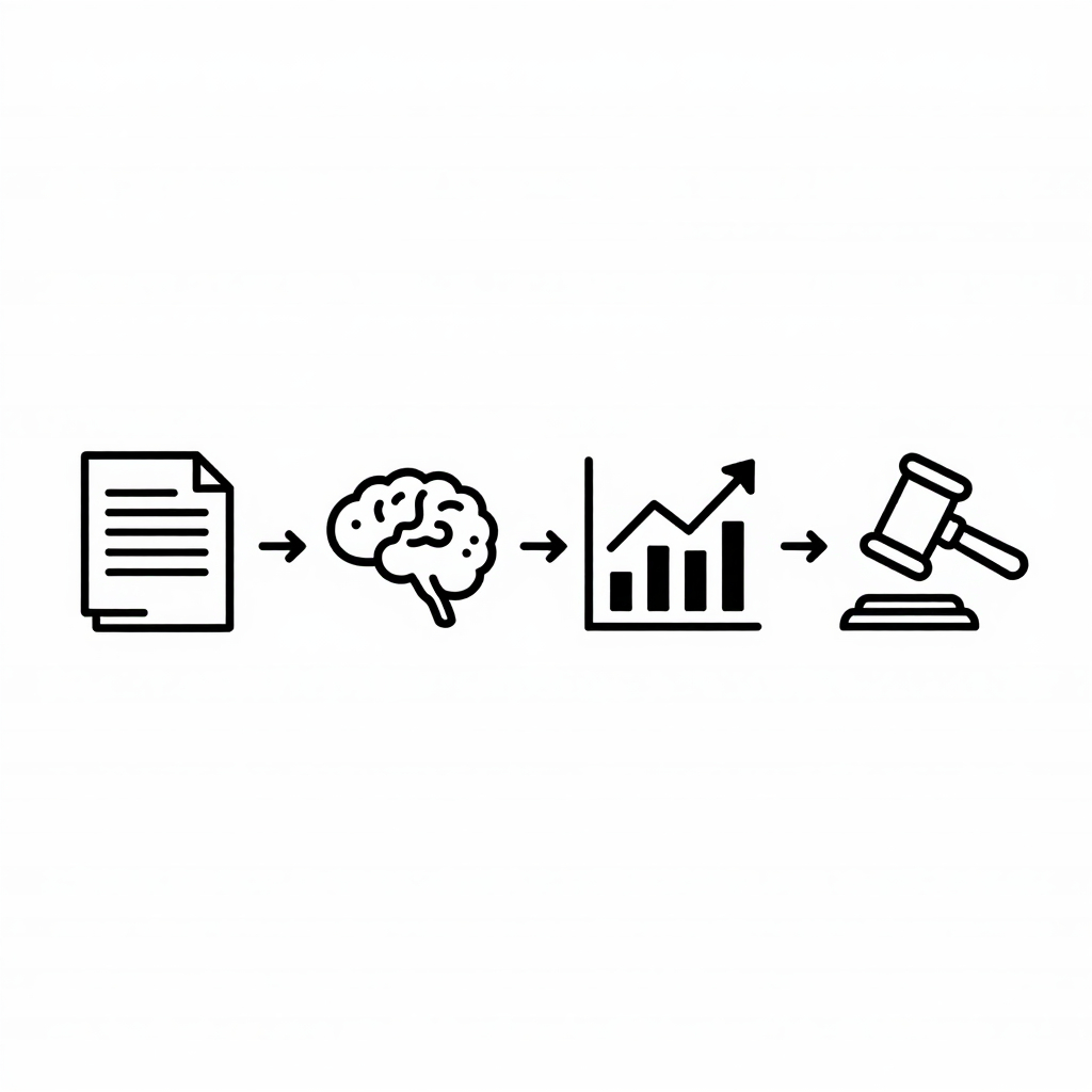 Line‑icon illustration of AI decision‑flow in a personal injury case: data collection, model training, prediction, courtroom use.