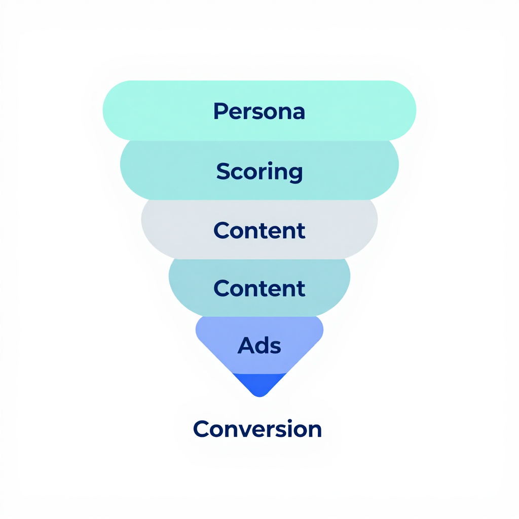 Minimalist AI-powered marketing funnel icon showing five stages (Persona, Scoring, Content, Ads, Conversion) in simple geometric shapes with subtle teal, gray, blue palette.