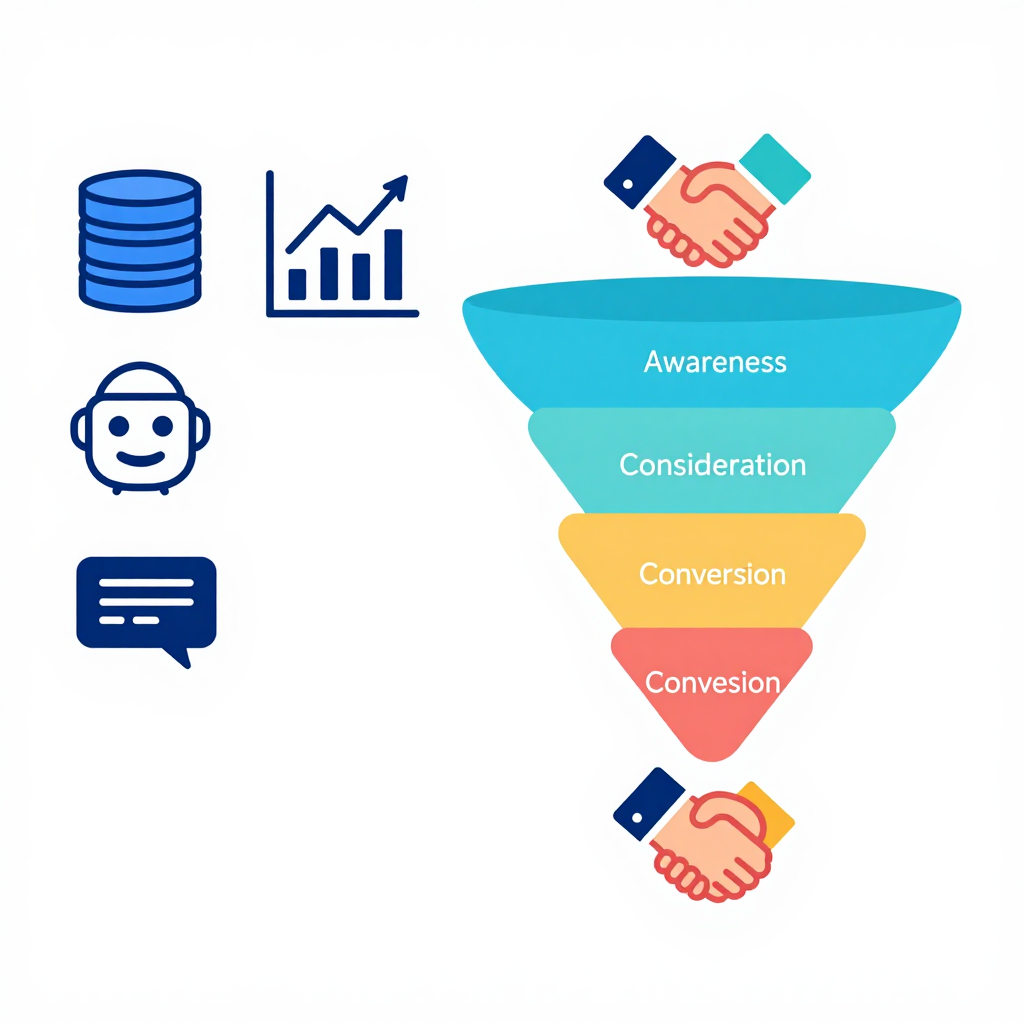 AI tools feeding into a startup marketing funnel illustration