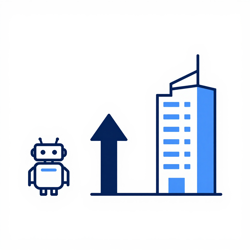 Illustration of AI scaling journey: small pilot icon, arrow indicating scaling, large enterprise building icon