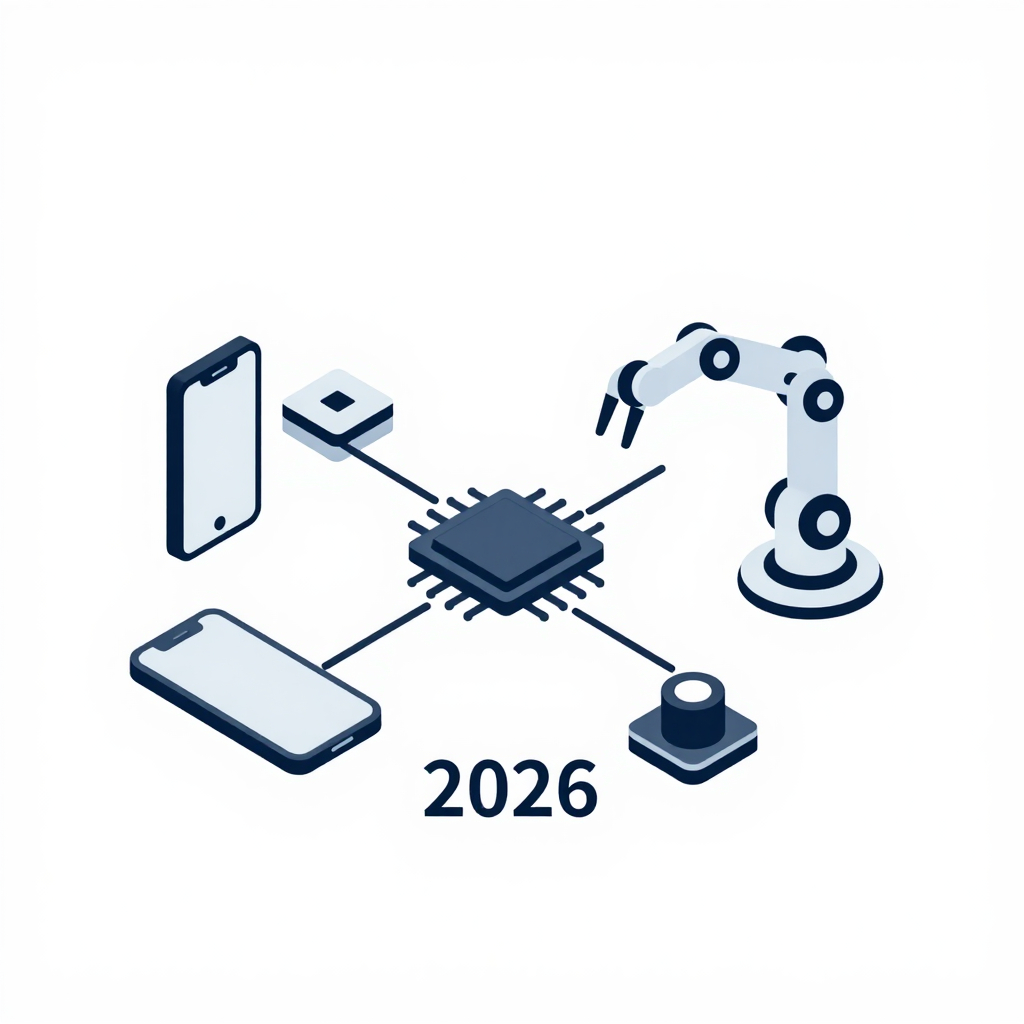 Icon illustrating AI shift to pragmatic applications in 2026: a small language model chip linked to edge devices and a robot