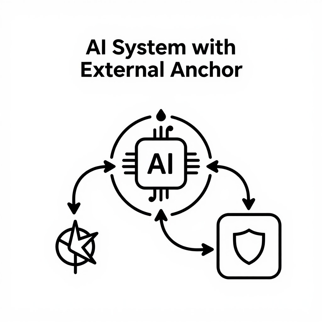 Minimalist vector illustration of AI system with external anchor: AI core block, reward loop, and star-shaped external anchor feeding ethical decision module, connected by arrows.