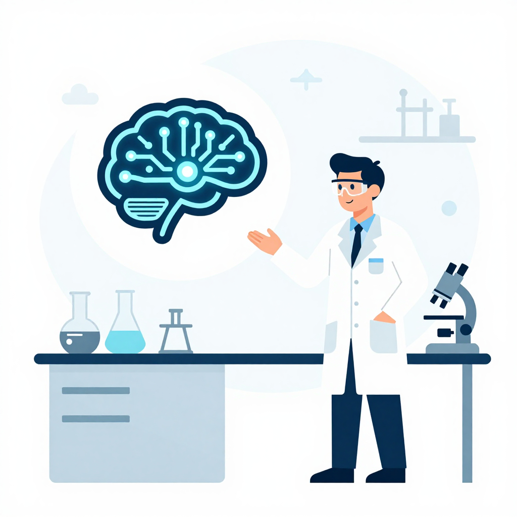 AI algorithm icon collaborating with a scientist in a lab setting