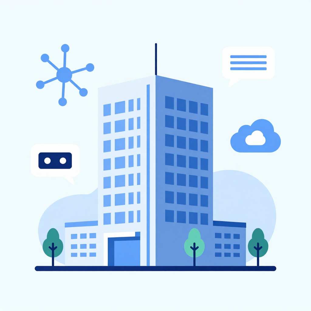 Illustration of Anthropic's new Bengaluru office building surrounded by AI icons such as neural network, chatbot, and data cloud.