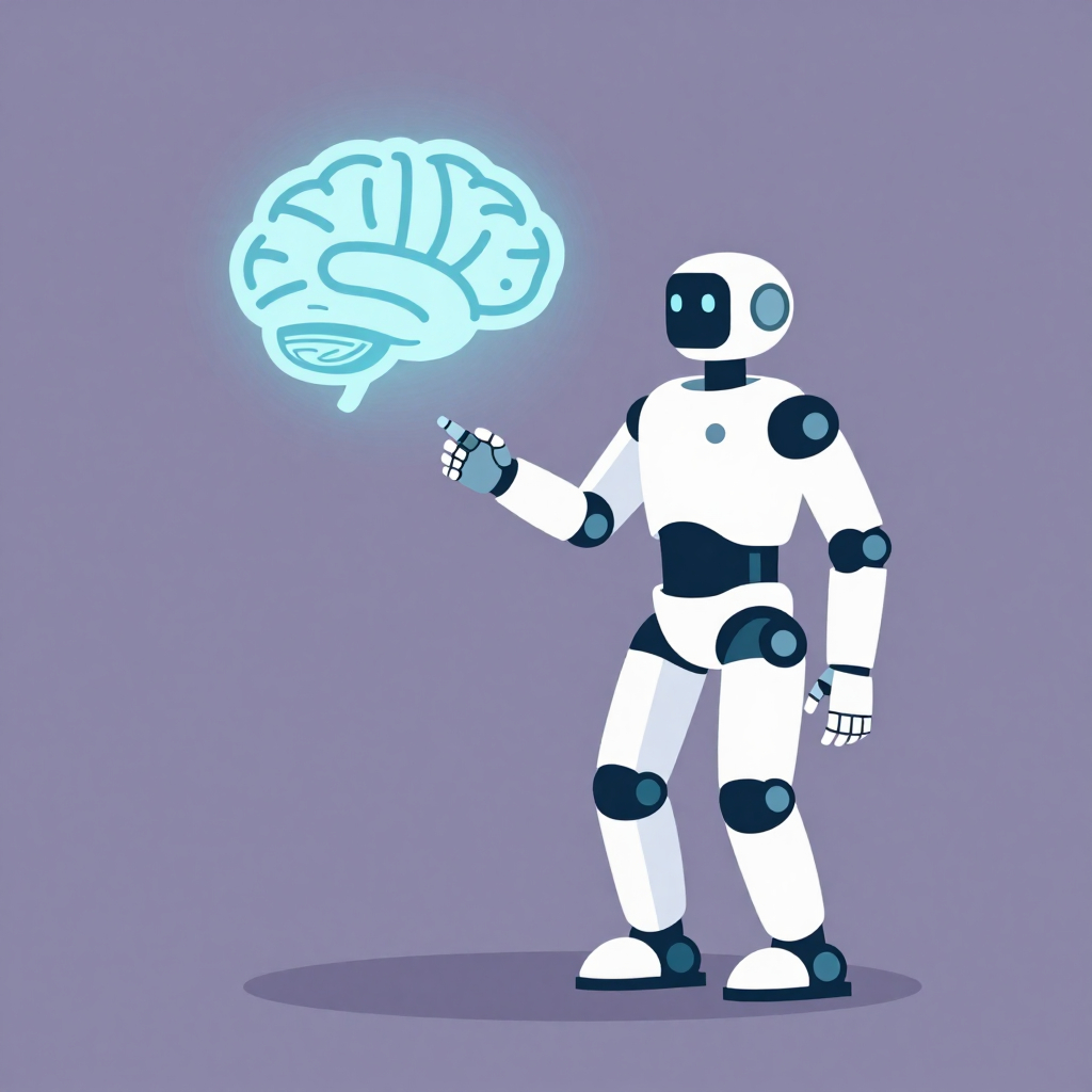 Humanoid robot resembling Boston Dynamics Atlas interacting with a glowing Gemini AI brain icon