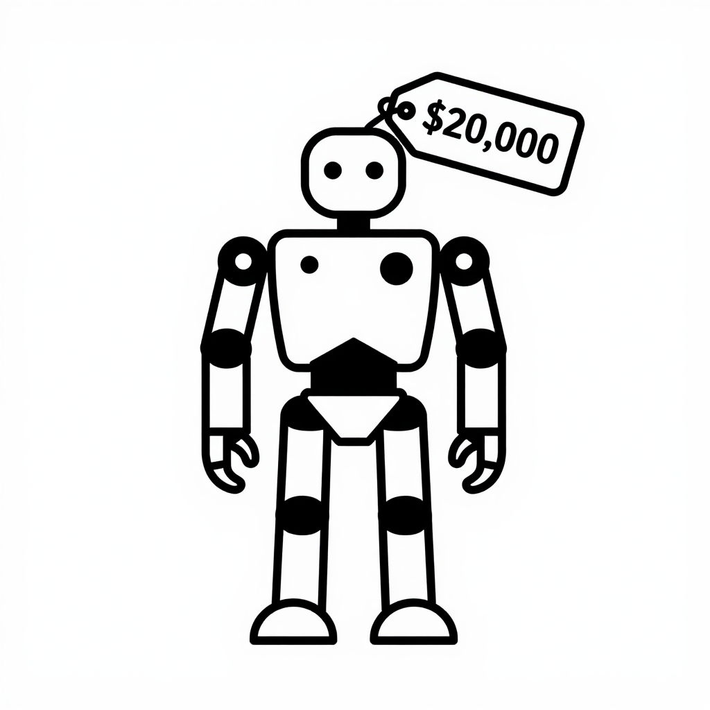 Line-art icon of a broken humanoid robot with a floating $20,000 price tag