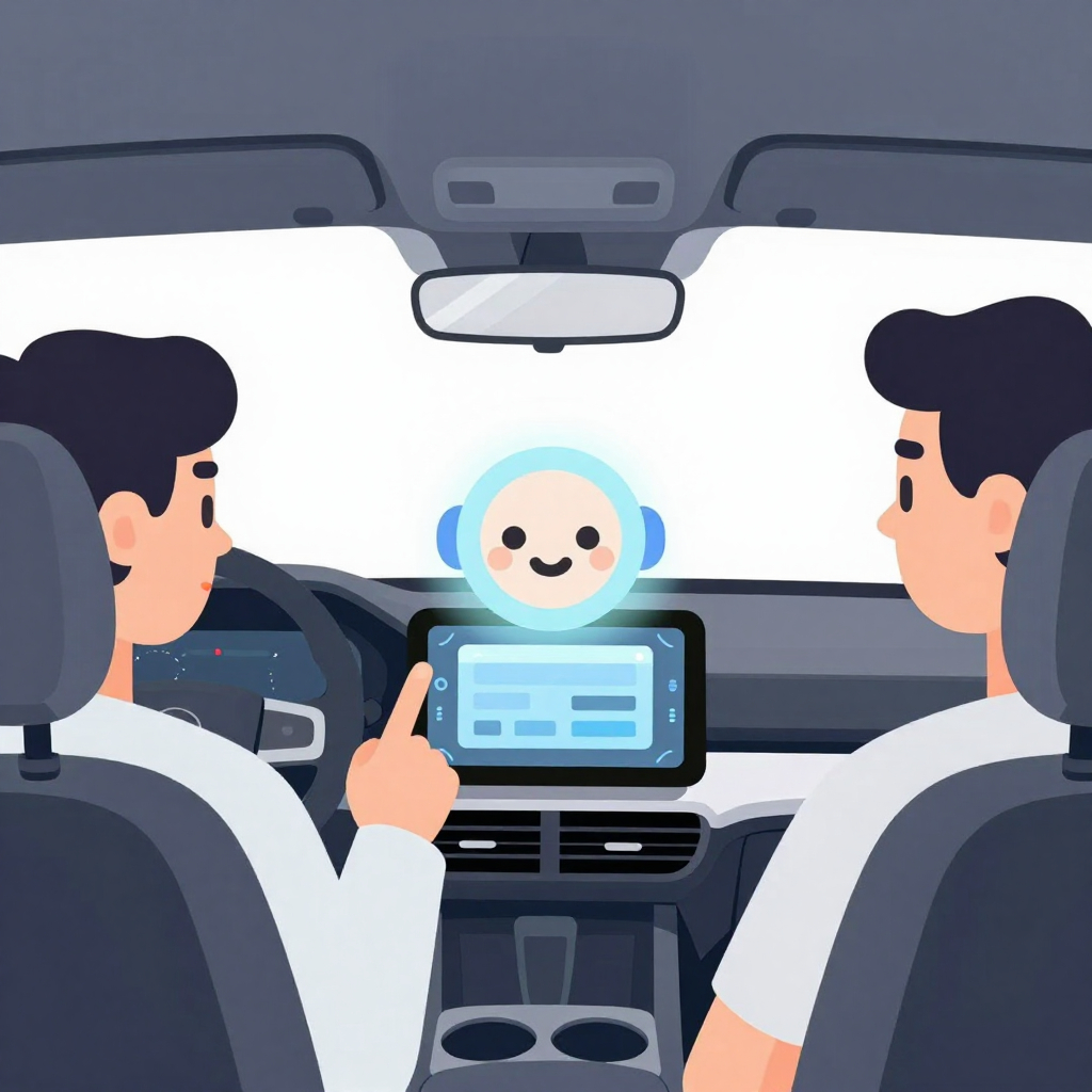 Flat‑style illustration of a car dashboard with a floating digital co‑pilot avatar interacting with the driver