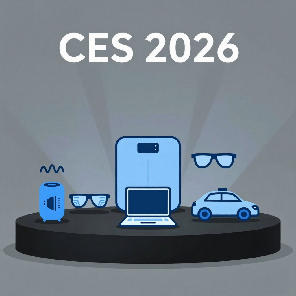 Illustration of CES 2026 stage with icons for AI speaker, smart scale, laptop, smart glasses, and robotaxi