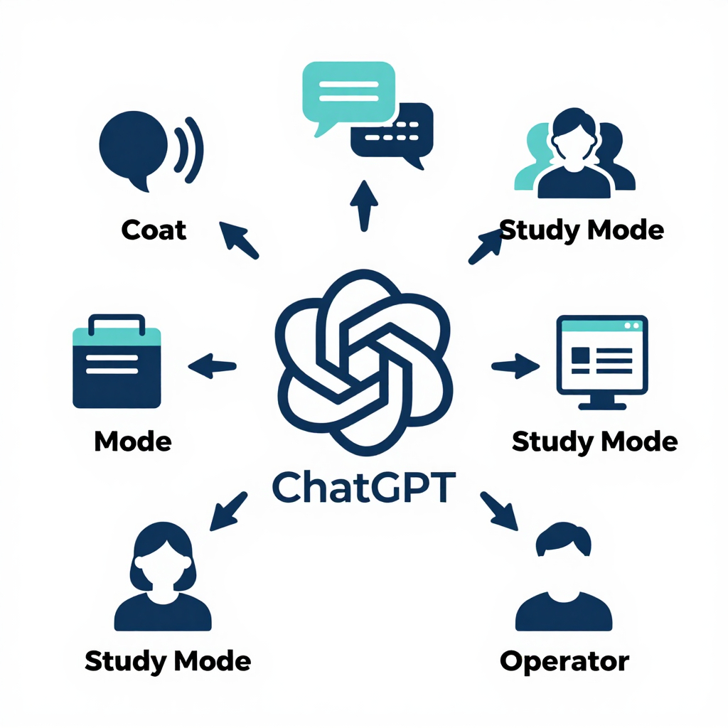 Vector illustration of ChatGPT central logo surrounded by icons for voice mode, group chat, image generation, AI shopping, Study Mode, and Operator agents, connected with arrows.
