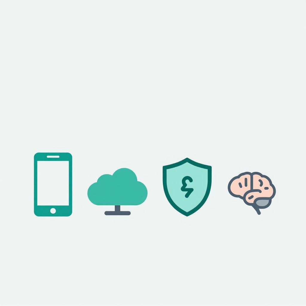 Illustration of the ChatGPT ecosystem showing a mobile device, a cloud server, a safety shield, and a tiny AI brain in teal and gray colors.