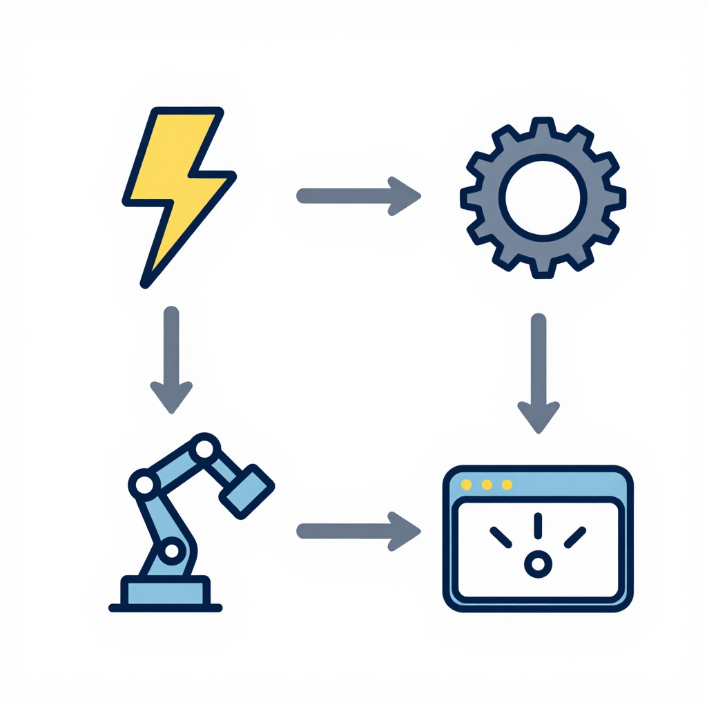 Icon-based flow diagram showing a cloud automation pipeline with trigger, orchestrator, automated tasks, and monitoring stages
