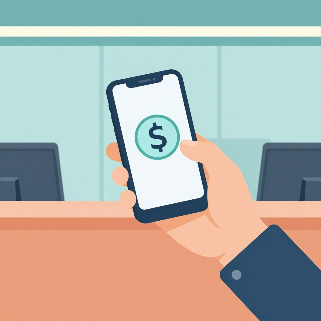 Traveler holding a smartphone and tapping a digital‑currency symbol at an airport check‑in counter