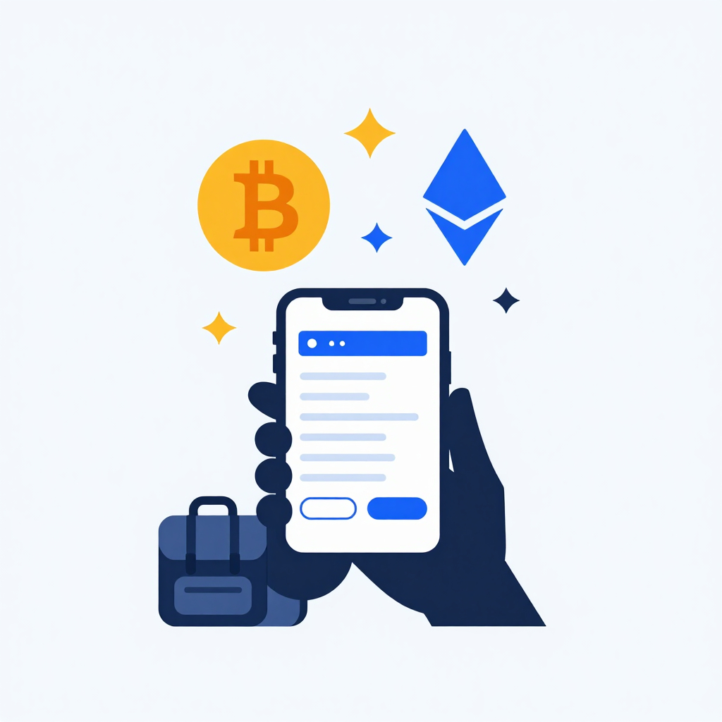 Traveler using a smartphone wallet, paying for a hotel with floating Bitcoin and Ethereum symbols