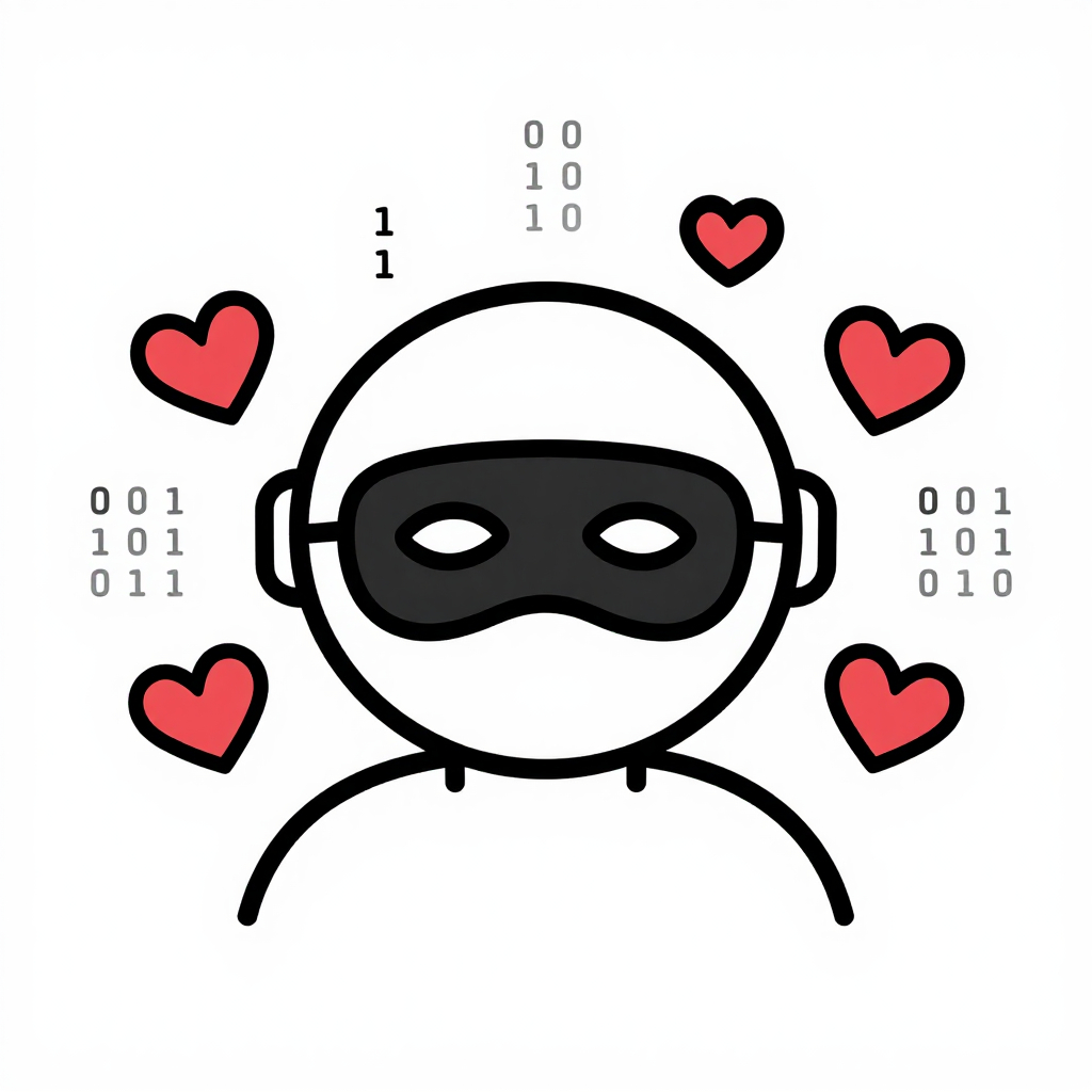 Stylized chatbot avatar wearing a mask, surrounded by floating heart icons and binary code, representing the blend of erotic content and AI technology