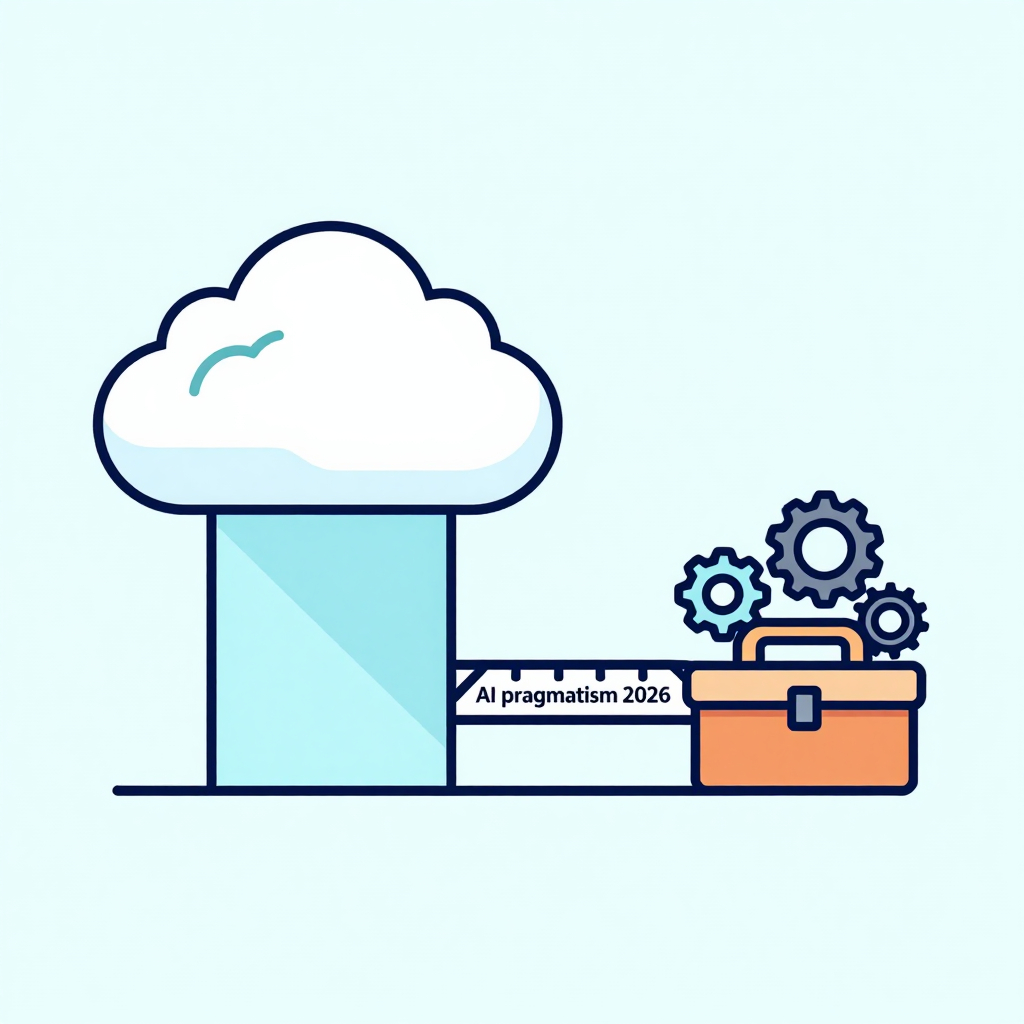 Giant AI model connected to toolbox of practical AI applications via bridge labeled AI pragmatism 2026