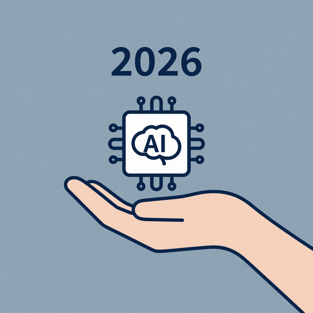 Icon of a hand gently guiding a compact AI model symbol, representing the pragmatic AI shift of 2026