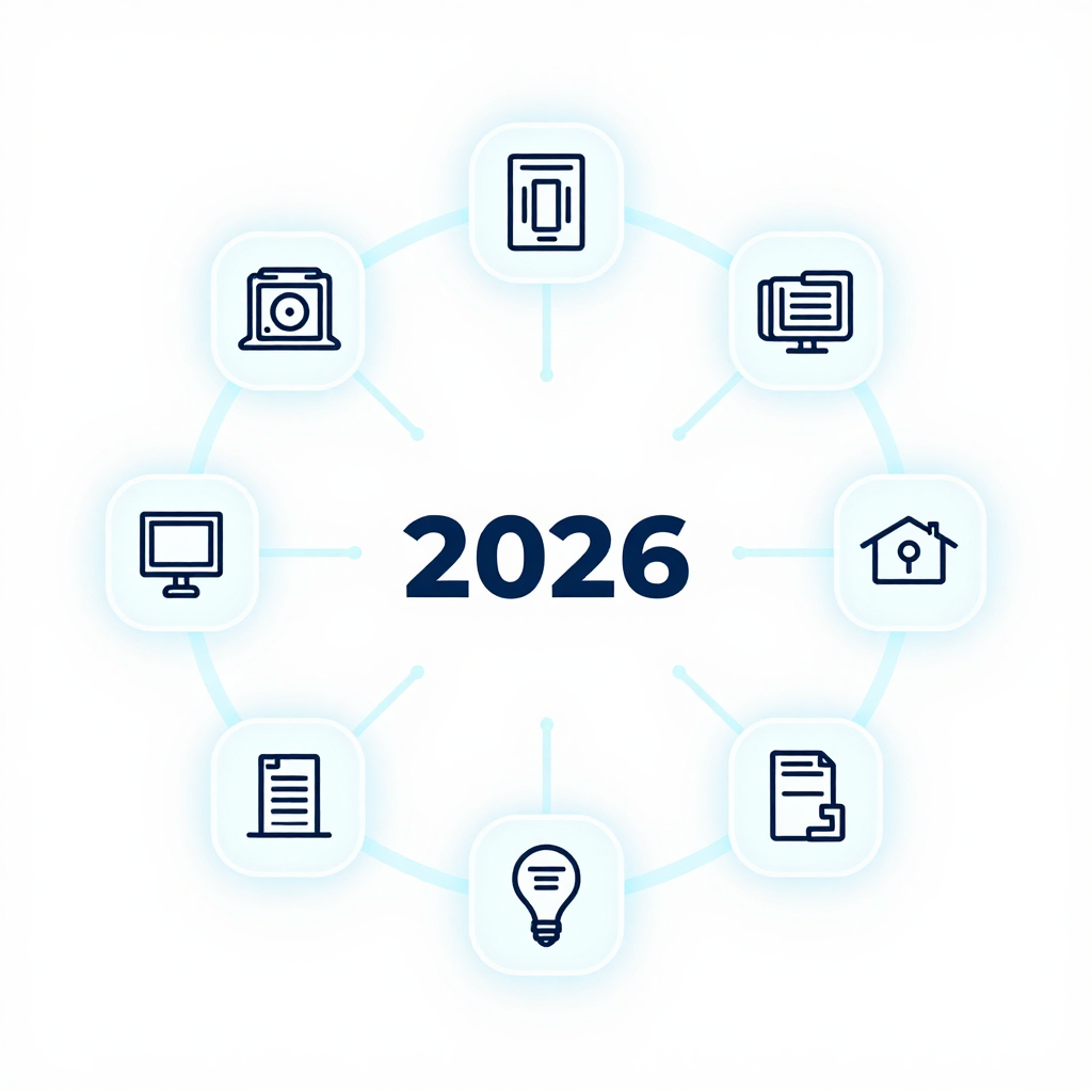 Minimalist line-art illustration of a holographic interface linking ten breakthrough technologies of 2026