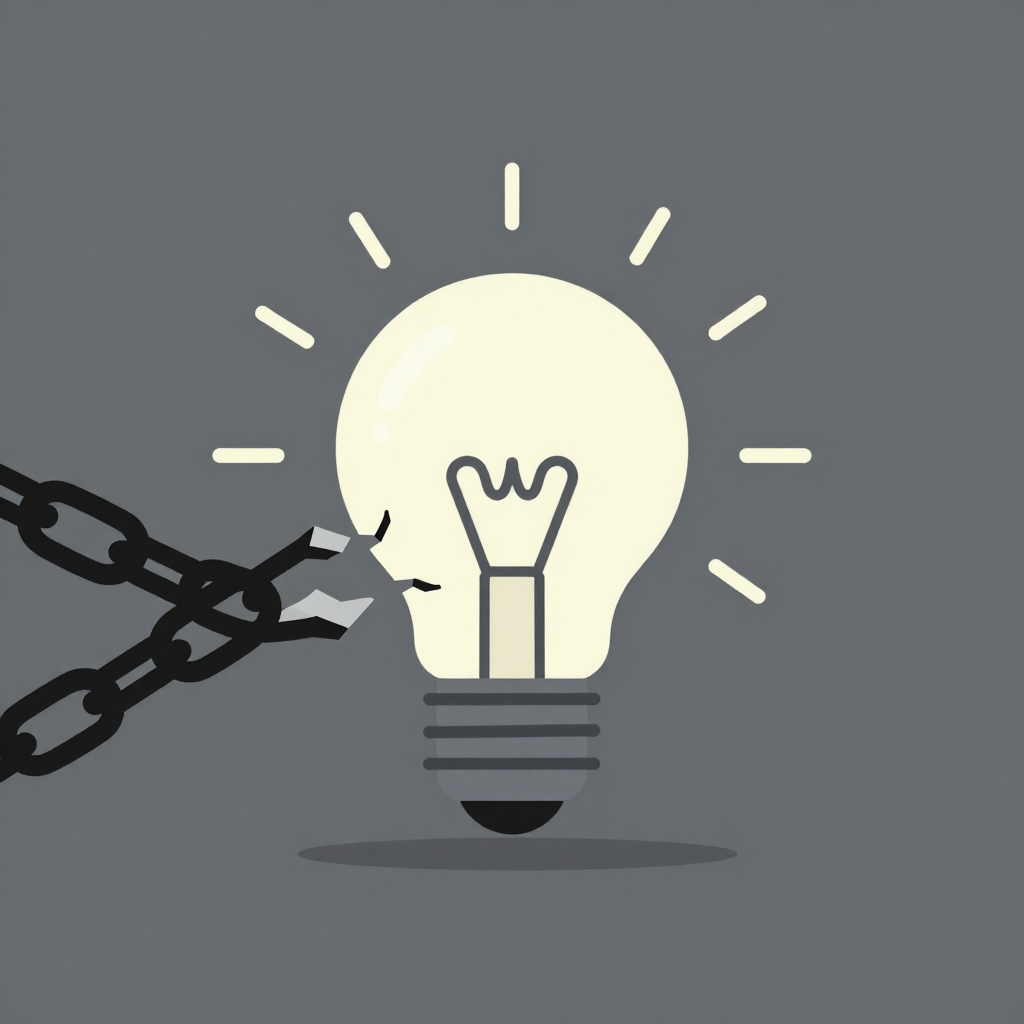 Broken chain transforming into a lightbulb, symbolizing myth to insight