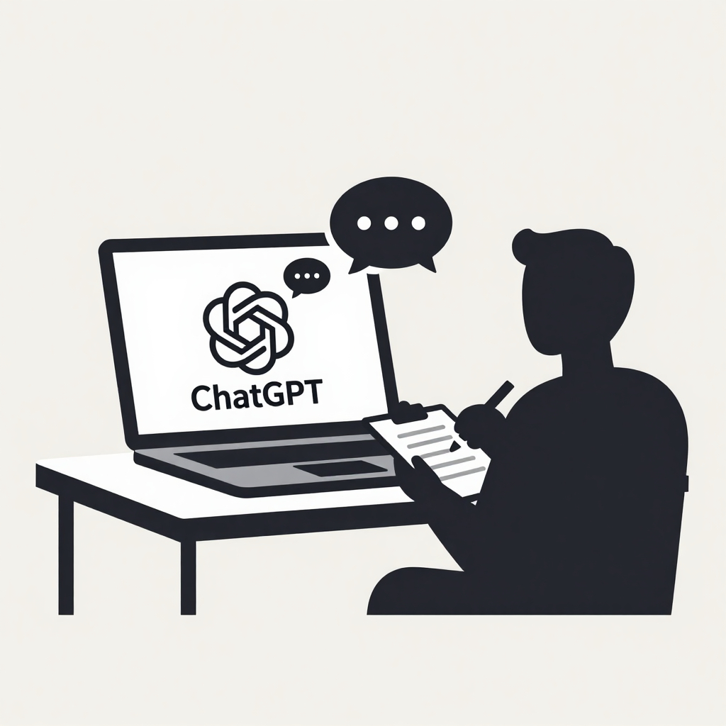 Icon of a newsroom desk with a laptop displaying ChatGPT logo assisting a journalist.