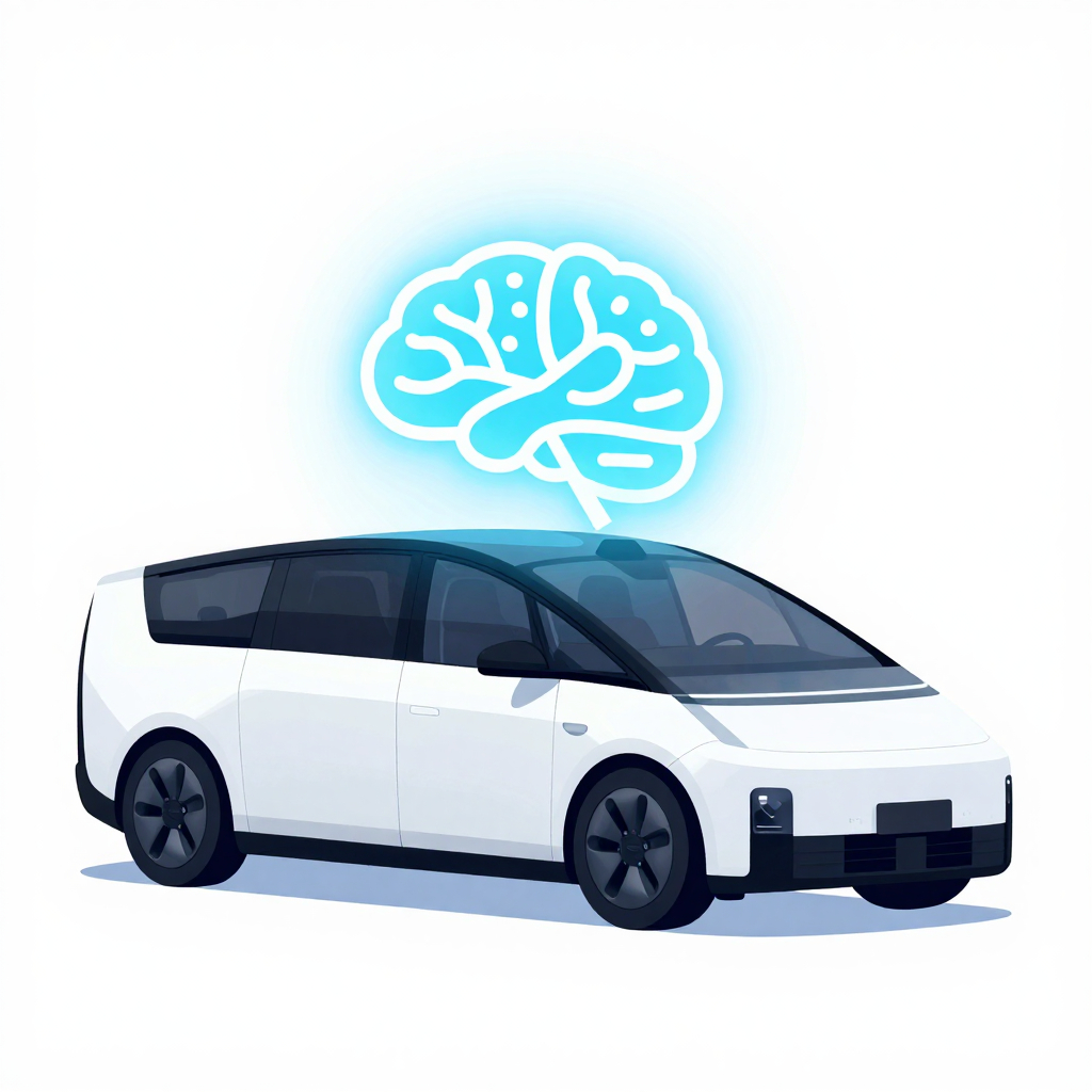 Futuristic self-driving car with glowing AI brain icon inside chassis, highlighting Nvidia AI technology