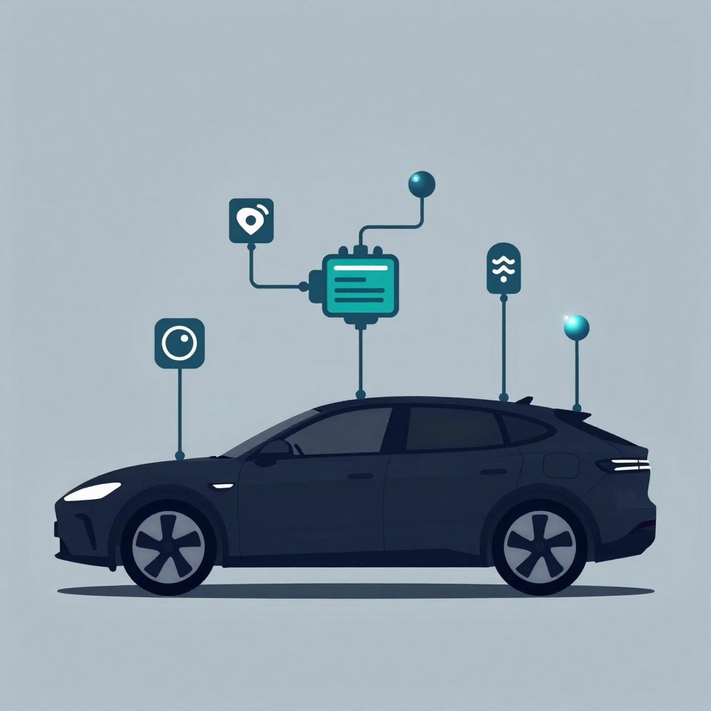 Illustration of a car with AI node icons linked to sensors, ECU, and brakes, representing physical AI in automotive.