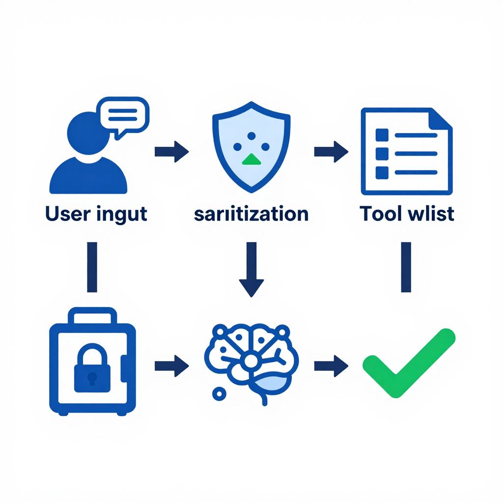 Secure AI agent pipeline illustration showing icons for user input, sanitization layer, tool whitelist, credential vault, LLM core, and output validation