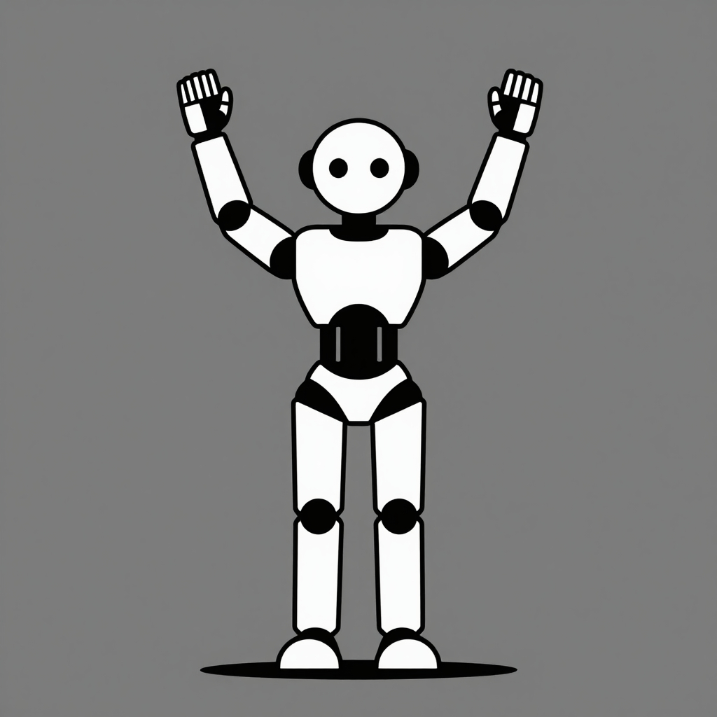 Minimalist line‑art of a sleek humanoid robot raising its arms, black and gray illustration