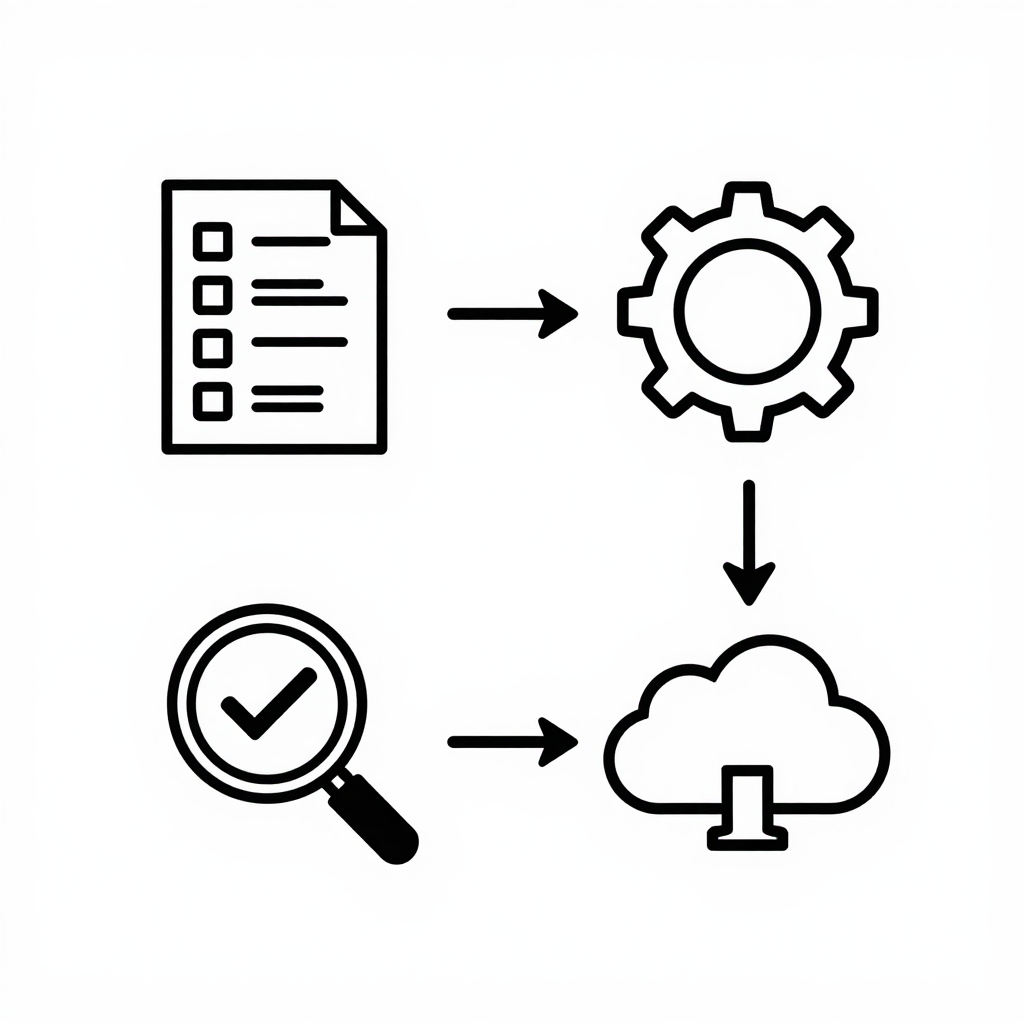 Line‑icon illustration of the spec‑driven AI development workflow showing four stages: requirement specification, model design, validation, and deployment.