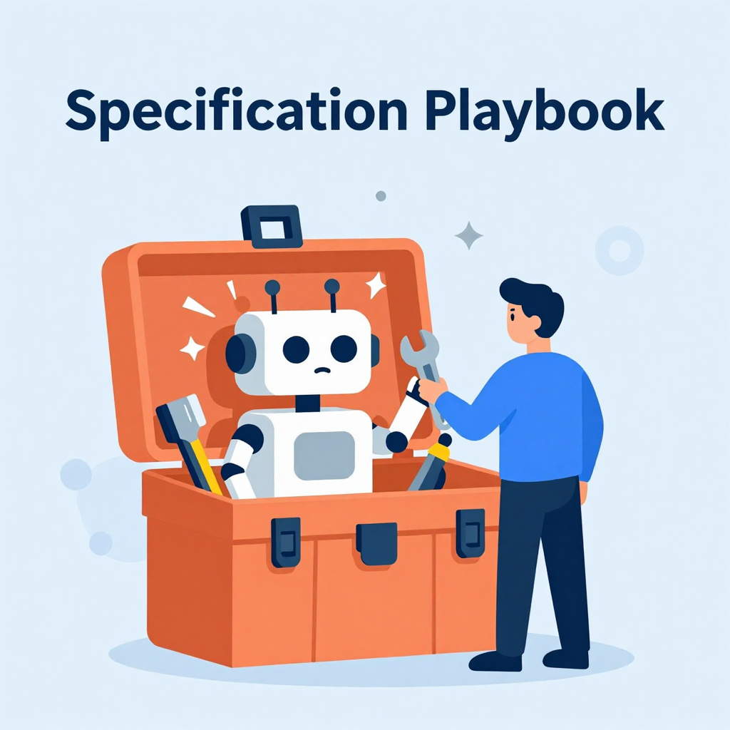Vector illustration of a Specification Playbook toolbox helping a developer tame a chaotic AI robot