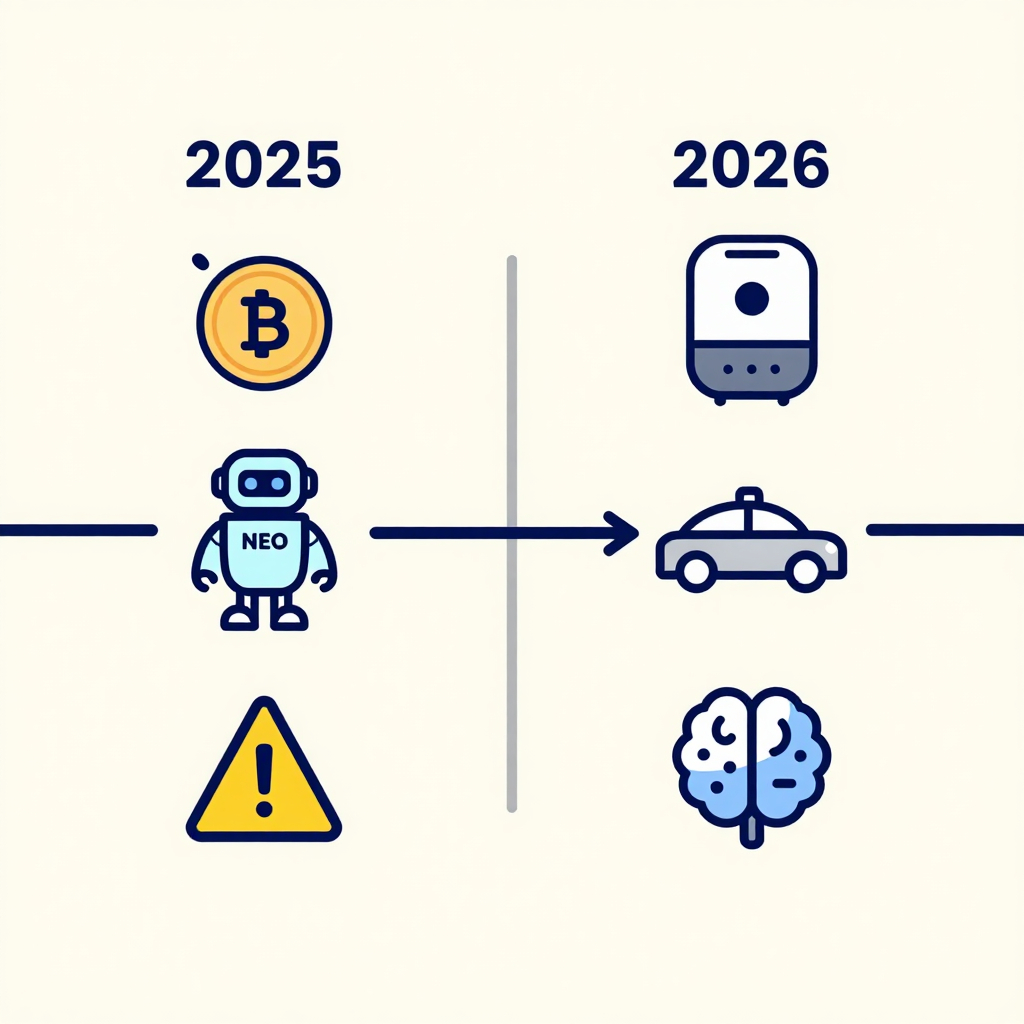 Simple timeline illustration showing 2025 on left with icons for a memecoin crash, a NEO robot, and an OpenAI rollback, and 2026 on right with icons for always‑on AI devices, expanding robotaxi, and next‑gen LLMs.