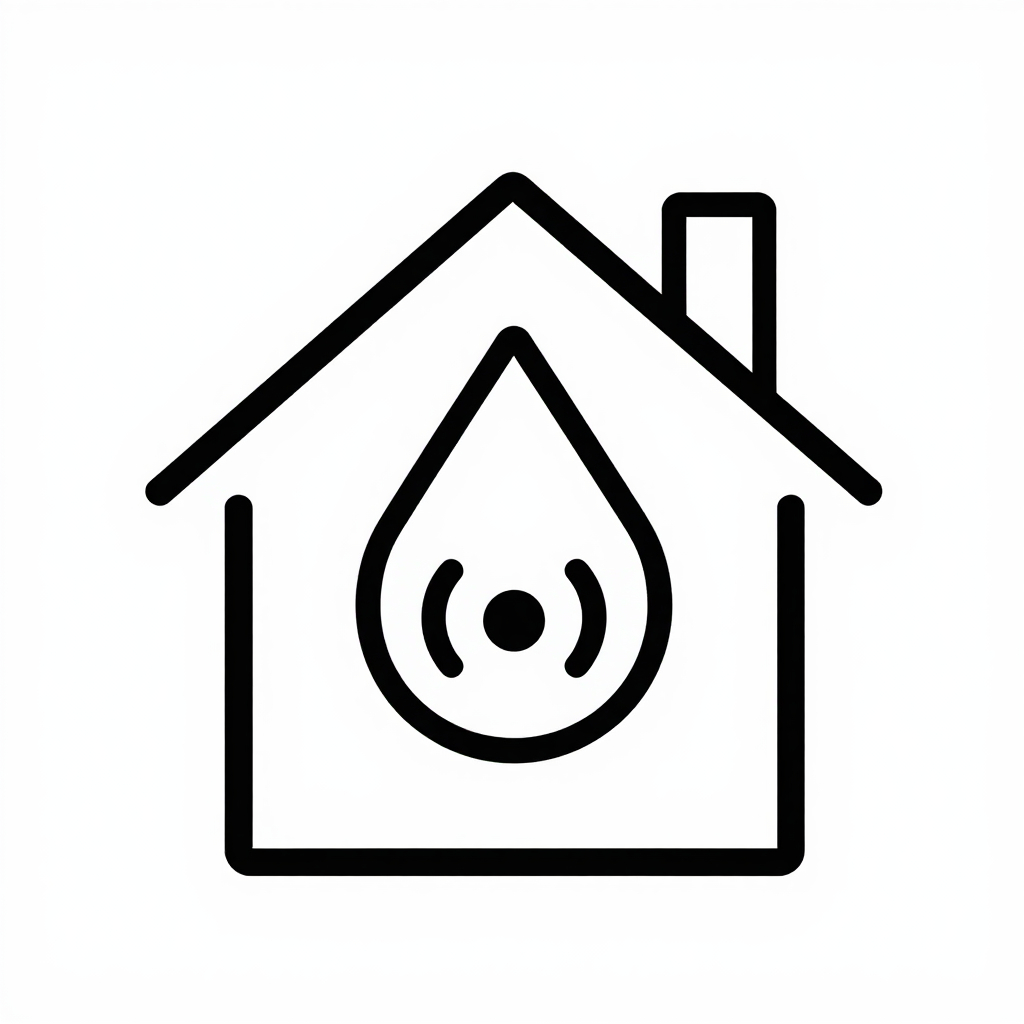 Minimalistic illustration of a water droplet with a sensor inside, inside a house outline.