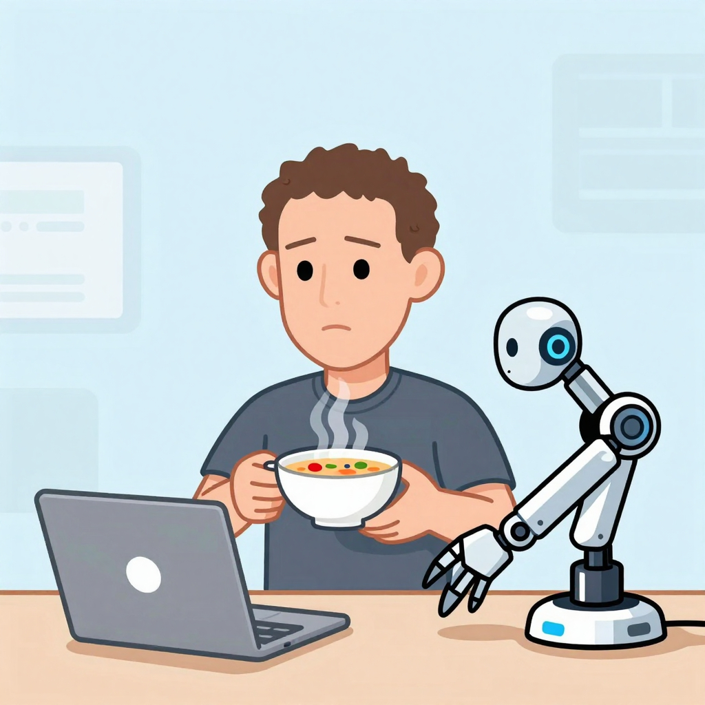 Bewildered Mark Zuckerberg holding soup while a robot arm reaches for a laptop